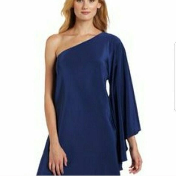 NWT** NICOLE MILLER Studio Silk One Shoulder Bell Sleeve Dress Roy Blue Size 6 - Picture 1 of 11